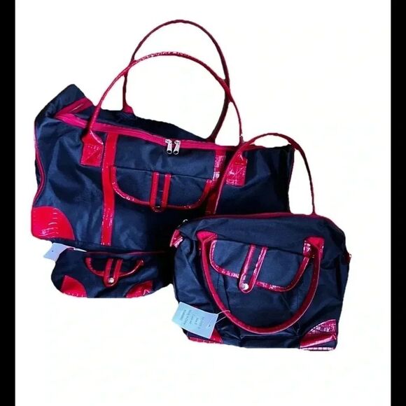 Unbranded DUFFLE Red/ Black Gym BAG Overnight 3 Piece Weekender Travel - Picture 1 of 4